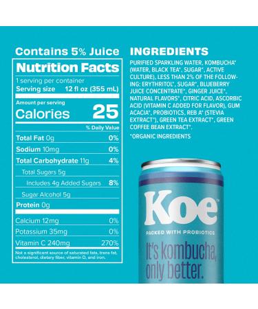 Koe Organic Kombucha Cans Blueberry Ginger | Sparkling Fruit Drink with Probiotics and Vitamin C | 12 oz Pack of 12 - Buy Online on GoSupps.com
