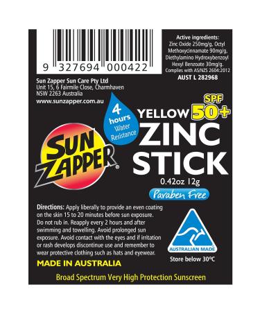 Sun Zapper Zinc Stick SPF 50+ Sunscreen (4 Pack) - 0.42 oz Yellow Sticks - Buy Online on GoSupps.com