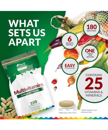 Multivitamin Tablets for Men & Women - 180 Tablets - 6 Month Supply - 25 A-Z Multivitamins & Minerals Including Iron Zinc & Vitamin D - One a Day - Vegetarian - Made in The UK - Nu U Nutrition 180 count (Pack of 1) - Buy Online on GoSupps.com