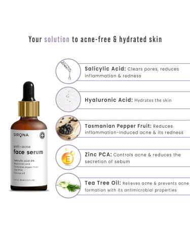 Sirona 2% Salicylic Acid Face Serum - Reduces Open Pores & Bumpy Texture | 30ml with Tea Tree Oil Hyaluronic Acid & Vitamin E - Buy Online on GoSupps.com