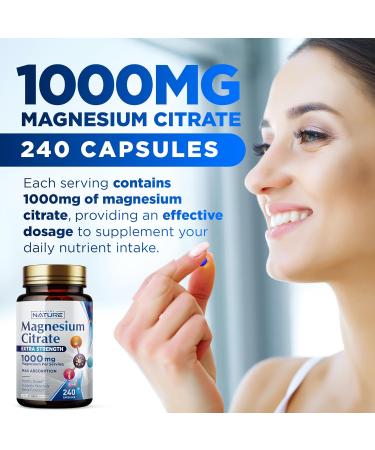 Magnesium Citrate 1000mg - Max Absorption & High Potency Magnesium Complex Supplement for Heart Muscle Nerve Bone Health & Stress Relief - Non-GMO Gluten-Free - 240 Vegan Capsules 240 Count (Pack of 1) - Buy Online on GoSupps.com