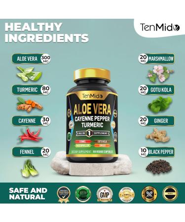 Tenmido Aloe Vera Capsules Supplement - 8in1 Formula - Combine with Turmeric Cayenne Pepper Marshmallow Fennel Gotu Kola Ginger and Black Pepper - 90 Capsules for 3 Months Supply - Buy Online on GoSupps.com
