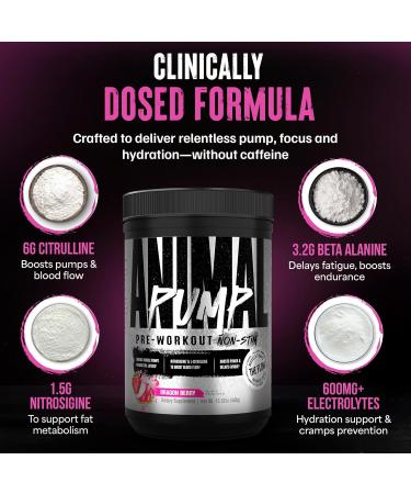 Animal Pump NS Stim-Free Pre Workout Powder for Men & Women - Caffeine-Free Preworkout for Energy Focus and Muscle Builder Beta Alanine Citrulline Nitrosigine and Nootropics Dragon Berry 440g Dragon Berry 15.52 Ounce (Pack of 1) - Buy Online on GoSupps.com