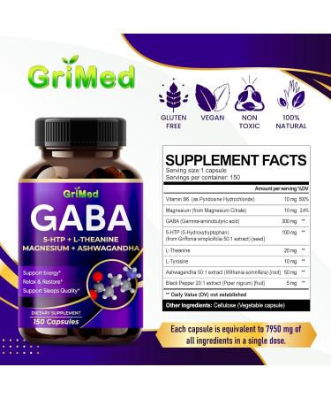 Buy GriMed GABA 16 280mg - X15 Power with 5-HTP L-Theanine Magnesium & Ashwagandha for Relaxation & Sleep - 150 Count Made in USA | International Shipping Available - Buy Online on GoSupps.com