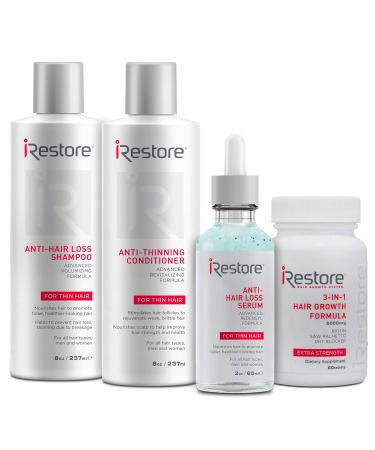 iRestore Max Growth Bundle includes the 3-in-1 Hair Growth Supplement  Anti-Hair Loss Serum  Anti-Hair Loss Shampoo and Anti-Thinning Conditioner to combat hair loss