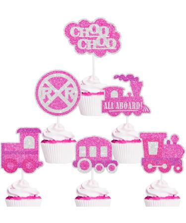 Pink Glitter Kids Train-Themed Happy Birthday Cupcake Toppers Set of 18 - Perfect for a girl's train birthday party baby shower party or themed railroad party Choo-choo decorations - SugarGera - Buy Online on GoSupps.com