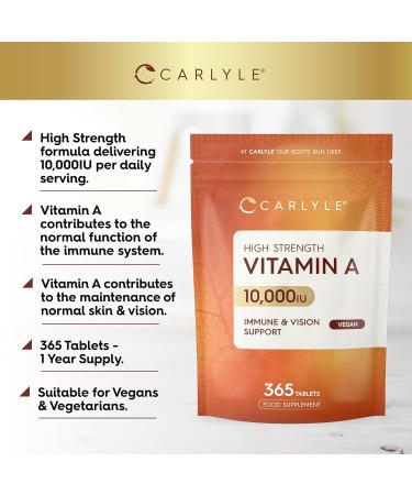 Vitamin A Tablets 10000 IU | 365 Count (1 Year Supply) | Vitamin A as Retinol Acetate | High Strength | Vegan and Vegatarian | by Carlyle - Buy Online on GoSupps.com