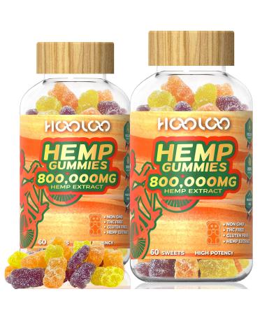 HOOLOO Hemp Gummies 800,000mg for Calm Rest, Vegan Hemp Gummy Bears Fruity Infused Hemp Oil, Made in USA (Pack of 2) Grape, Juicy Orange, Peach 60 Count (Pack of 2)