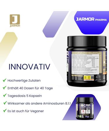 J.ArMOR BCAA 8.1.1 Amino Acids - 200 Capsules for Muscle Mass & Strength | Kyowa & Ajinomoto Quality | Professional Use - Buy Online on GoSupps.com