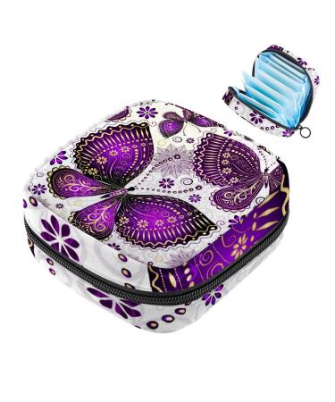 Menstruation pad bag with zipper women's napkin bag tampons collective bag for women and girls (spring violet gold butterflies flower pattern)