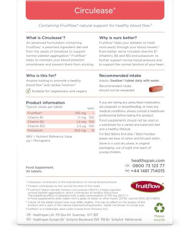 Healthspan Circulease with 150mg of Fruitflow (1 month supply) | Natural support for a healthy blood flow & cardiac function | Maintain Blood Pressure & support normal red blood cell formation | Vegan - Buy Online on GoSupps.com