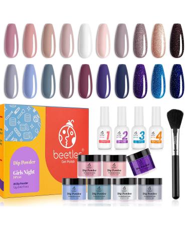 Beetles 20 Pcs Dip Powder Nail Kit, Girls Night Collection Dipping Powder Set Nude Gray Pink Blue Glitter for DIY Salon Nail Art Manicure with Base Top Coat Activator Brush Saver A-Girls Night