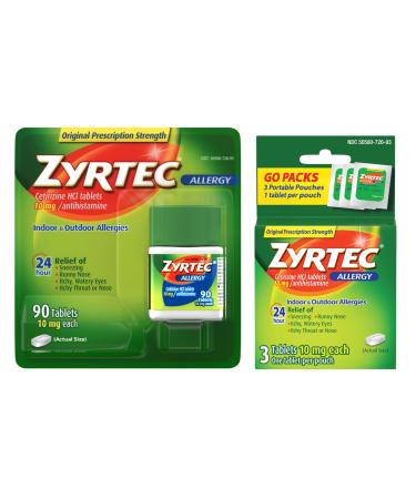 Zyrtec 24 Hour Allergy Relief Tablets Indoor and Outdoor Allergy Medicine with 10 mg Cetirizine HCl per Antihistamine Tablet Value Pack 90 ct + 3 ct Travel Packs