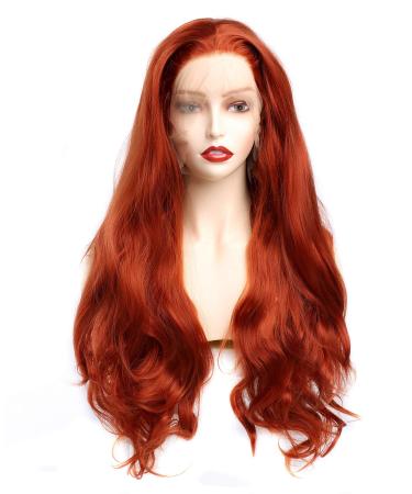 BESTUNG Long Glueless Orange Wavy Lace Front Glueless Wig Synthetic Heat Resistant For Women Looks Natural Without Glue Middle Parting Hair Style(24 Inch) 24