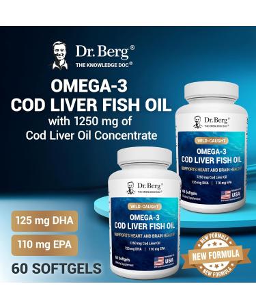 Dr. Berg Maximum Strength Omega-3 Cod Liver Fish Oil (1250 mg) from Wild-Caught Cod - Lemon-Flavored Omega-3 Fish Oil for Women & Men - EPA DHA Supplement 60 Softgels - Buy Online on GoSupps.com