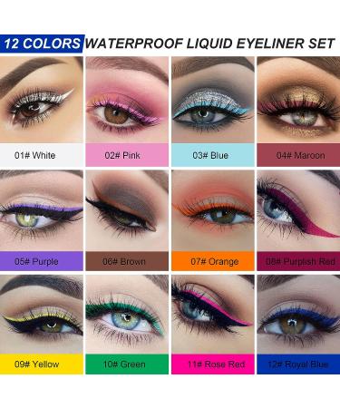 12pcs Waterproof Matte Liquid Eyeliner Set - Colorful Makeup Pen Set in White, Red, Blue, Green, and Brown - Buy Online on GoSupps.com