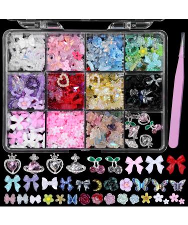 3D Nail Charms and Gems Assorted Bows Flowers Color Butterfly Rose Flowers Star Heart Hollow Nail Charms Silver Cherry Heart Nail Gems Rhinestone Charms for Nail Art DIY Design