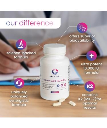 REVITALIZE ADK Vitamin Supplement 10 000 IU - 90 Servings High Potency Vitamin A D3 & K2 (MK-7) for Bone Strength | Supports Heart Health and Immune Function - Convenient Capsule Form - Buy Online on GoSupps.com
