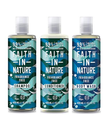 Faith In Nature Fragrance Free Shampoo Conditioner & Body Wash Trio | Vegan | Cruelty Free | 99% Natural Fragrance | Free From SLS or Parabens|shampoo and conditioner|unscented shower gel