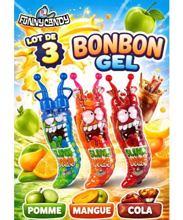 Lot de 3 Bonbon Gel Slim Worm Lot de 3 Parfums - Pomme -Mangue - Cola - 168gr. - 214