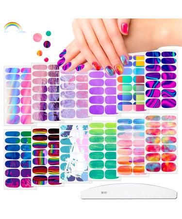 JERCLITY 12 Sheets Aurora Gradient Color Nail Polish Strips with Nail File Self-Adhesive Graffiti Cloud Rainbow Nail Stickers Full Nail Wraps for Women Kids Nail Strips Manicure Kit for DIY Nail Art 12 Sheets-01