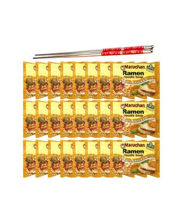 Ja Cor Instant Ramen Noodles Soup Roast Chicken Flavor Bulk Noodle Pack 3 oz Package Bundle with (1) Set of Reusable Stainless Steel Chopsticks (24 Individual Packs)