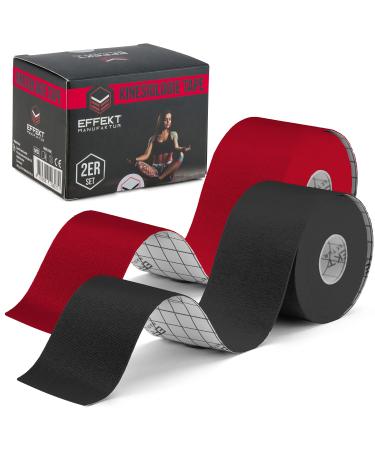 Effekt Kinesiology Tape Waterproof (5 m x 5 cm) 2 Rolls - Elastic Physio Tape for Muscle Support and Injury Recovery Medical Tape Sports Tape Strapping Durable Kinesthetic Tape (Red + Black) Black + Red 2 Rolls