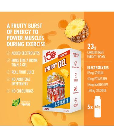 HIGH5 Energy Gel with Electrolytes - Tropical Flavor | Quick Release Energy for On The Go | 23g Carbs, 57mg Magnesium | 5-Pack (5x60g) - Buy Online on GoSupps.com