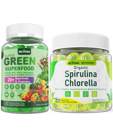 Nextdia Organic Spirulina Chlorella Gummies 1 Pack + Super Greens Gummies 2 Pack