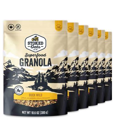 Stoked Oats Granola - Bucking-Eh (6 Pack) High Protein Less Sugar Superfood Breakfast - Gluten Free High Fibre Non GMO (300g per box) Bucking-Eh 300 g (Pack of 6)