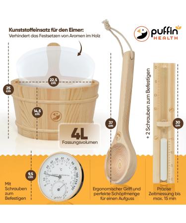 Puffin Health Sauna Accessories Set - Thermometer Hygrometer Hourglass & Infusion Bucket for Home Sauna - Buy Online on GoSupps.com