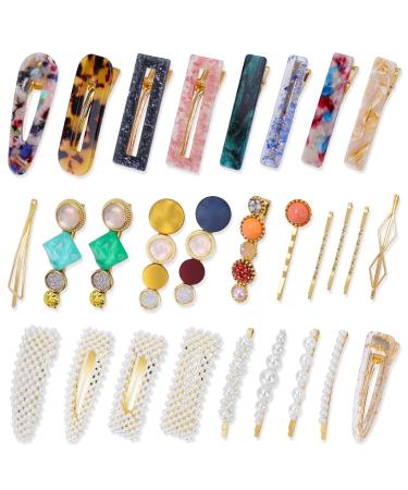 Rhinestone Hair Clips Pearl Hair Clips for Girls Acrylic Resin Hair Barrettes Glitter Snap Hair Accessories for Women and Girls (28 Pack)