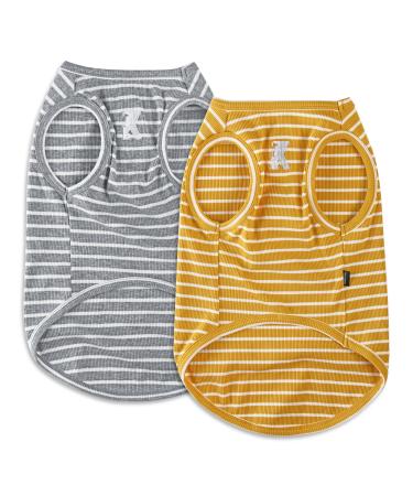 Koneseve Dog Shirt Vest Lightweight Stretchy Dog T-Shirts Soft Cool Shirts Sleeveless Stripe Vests Breathable Clothes for Puppy Kitty Cat Small Medium Large Dogs 2 Pack Yellow + Light Grey M/Medium M-(69lb) | Chest(15.3