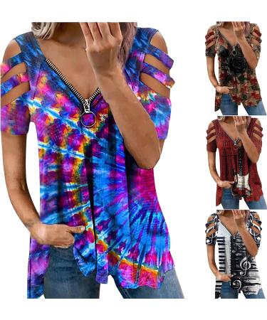 ZVAVZ Woman Summer T-Shirt | Off Shoulder V Neck Top with Colorful Print | Short Sleeves Chain Blouse/Black - Buy Online on GoSupps.com