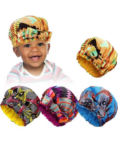 4 Pieces Kids Silk Bonnet Sleep Cap Adjustable Sleeping Cap Satin Hair Bonnet Hat Flower Night Hat Bonnet with Ties for Hair Teens Toddler Child Baby Infant (African Print) Multicoloured