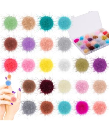 FEQO 24 Pieces Nail Pom Pom 3D Detachable Nail Pom Fluffy Balls Faux Fur Balls with Removable Base Pom Charm for Nail Art Design Nail Tip Decoration (Light Color)
