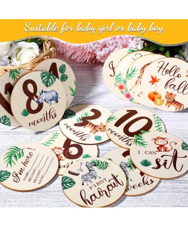 16-Piece Wooden Jungle Animal Baby Milestone Cards | Double-Sided Safari Monthly Markers for Newborn Photos | Baby Shower Photo Props - Buy Online on GoSupps.com
