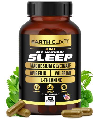 Earth Elixir 4-in-1 Sleep Aid (120 Caps) w/Apigenin 50mg Magnesium Glycinate 200mg L Theanine 200mg & Valerian Root for Sleep Aid 300mg | Apigenin Supplement for Sleep | Sleeping Pills