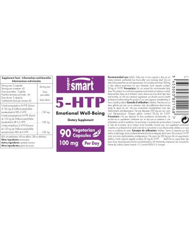 Supersmart 5-HTP 100mg - Natural Energy Pills Non-GMO & Gluten Free 90 Vegetarian Capsules for Enhanced Mood & Well-Being - Buy Online on GoSupps.com