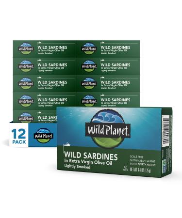 Wild Planet Wild Sardines in Extra Virgin Olive Oil, Lightly Smoked, Sustainably Caught, Non-GMO, Kosher, Gluten Free, 4.4. Ounce (Pack of 12) Extra Virgin Olive Oil, Lightly Smoked 4.4 Ounce (Pack of 12)