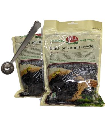 Greenmax Black Sesame Powder Ground Sesame Seeds 10.6 oz bag (Pack of 2) Roasted Fine Grind Pure Sesame Seeds No Sugar and TwinFortune Stainless Steel 2 in 1 Scooper and Bag Clip Tool