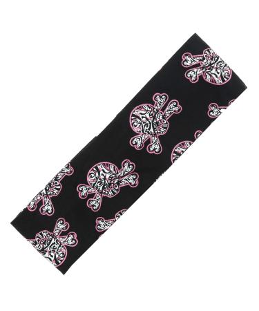 Zac's Alter Ego Black & Pink Skull & Crossbones Print Elasticated Lycra Fabric Kylie Headband
