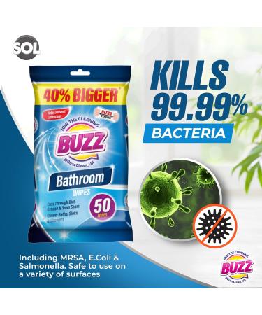 200pk Buzz Bathroom Wipes | Powerful Antibacterial Cleaning Wipes for Bathroom | Removes Soap Scum, Limescale | Large & Strong Toilet Wipes - Buy Online on GoSupps.com