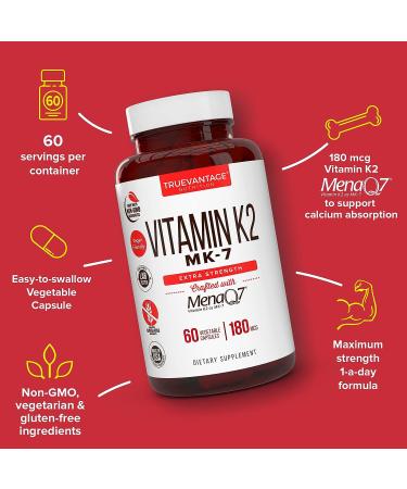 Vitamin K2 MK-7 180mcg Supplement - Promotes Bone & Heart Health - 60 Veg Caps MenaQ7 K2 MK7 - Buy Online on GoSupps.com