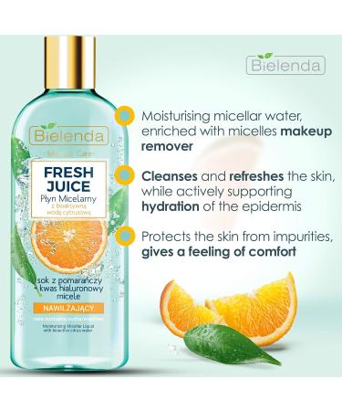 Bielenda Fresh Juice - For Daily Washing And Cleansing Of The Face - Leaves The Skin Matt Normalized And Detoxified-Moisturizing Micellar Liquid With Bioactive Citrus Water Orange Juice - 500 ml - Buy Online on GoSupps.com