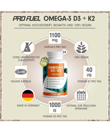 Omega-3 Vegan + D3 & K2 Capsules (240x) - 1100mg Algae Oil 600mg DHA 300mg EPA 1000 IE Vitamin D3 & 40 g K2 - High Dose Lab Tested Omega-3 Supplement - Buy Online on GoSupps.com