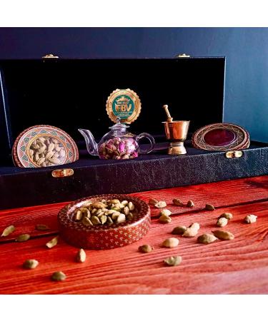 Luxurious Saffron Gift Box for Chefs: 9 Gr Grade A+ Organic Super Negin Coupe Saffron Threads Green Cardamom Rose Bud Tea Dried Saffron Teapot Small Brass Mortar and Pestle (Black Leather Box) - Buy Online on GoSupps.com