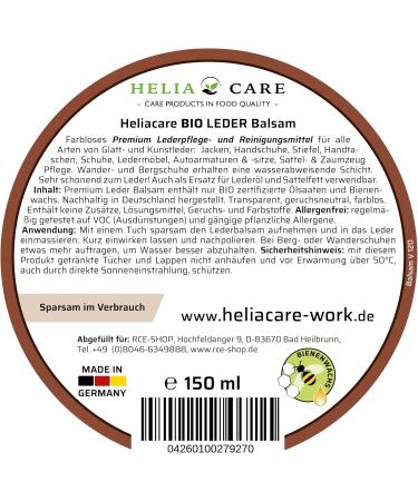 HeliaCARE Bio Premium Leather Balm 150ml - Colorless Care for Clothing Shoes Handbags Cars & Equestrian Gear - International Shipping Available - Buy Online on GoSupps.com