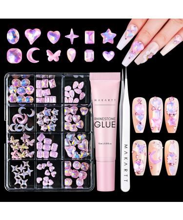 Makartt pink diamond nail design glue set flat back gem rhinestone with tweezers and storage box for nails DIY pink diamond nail glue set