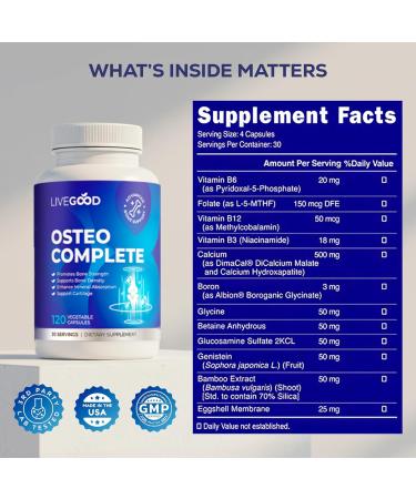 LiveGood Osteo Complete Bone and Joint Support with Highly Absorbable Calcium Glucosamine Eggshell Membrane Boron and Silica for Bone Density Flexibility and Mobility (90 Capsules) - Buy Online on GoSupps.com